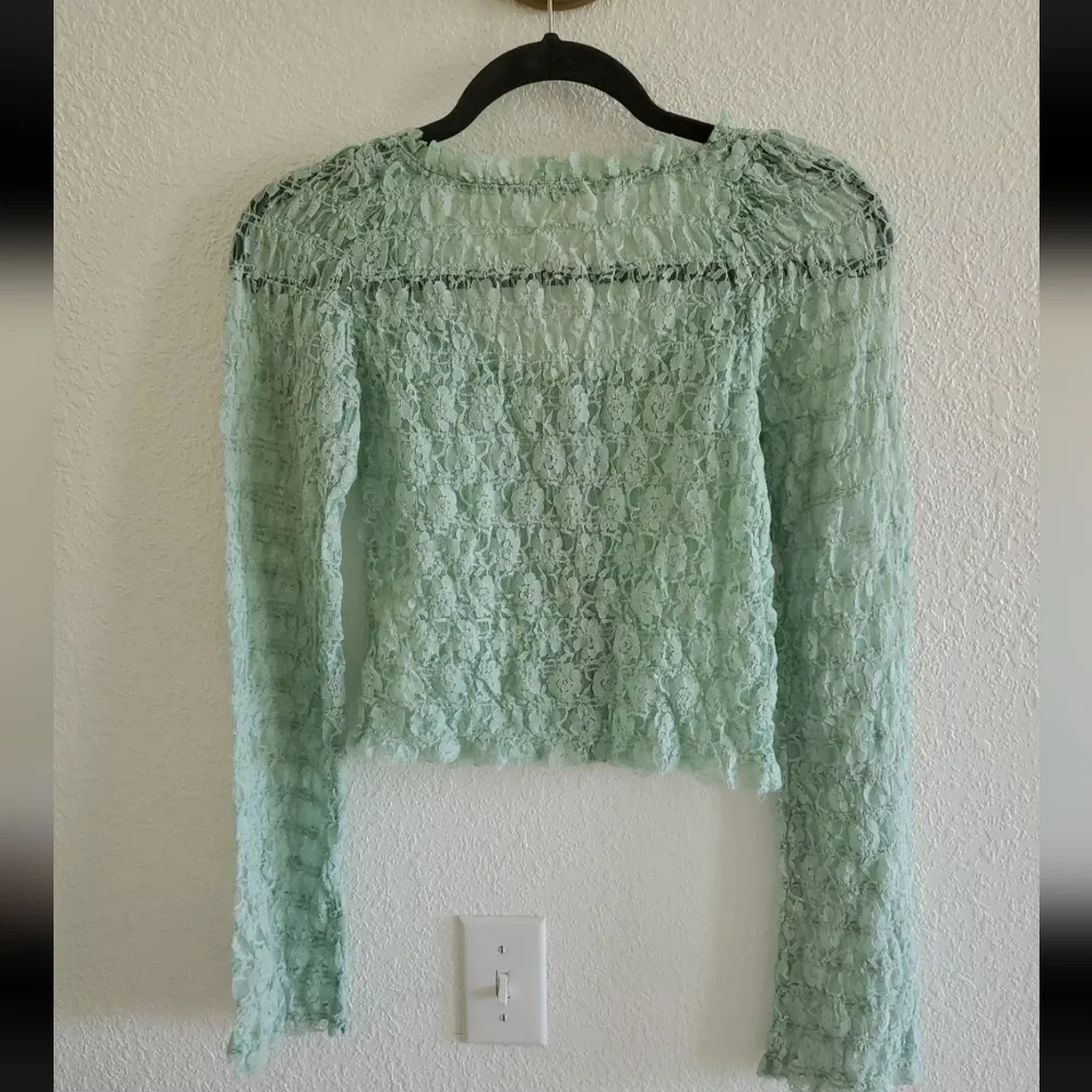 Free People FP One Madison Top Smocked Lace Sheer Hook-Front Bell Sleeve NEW S